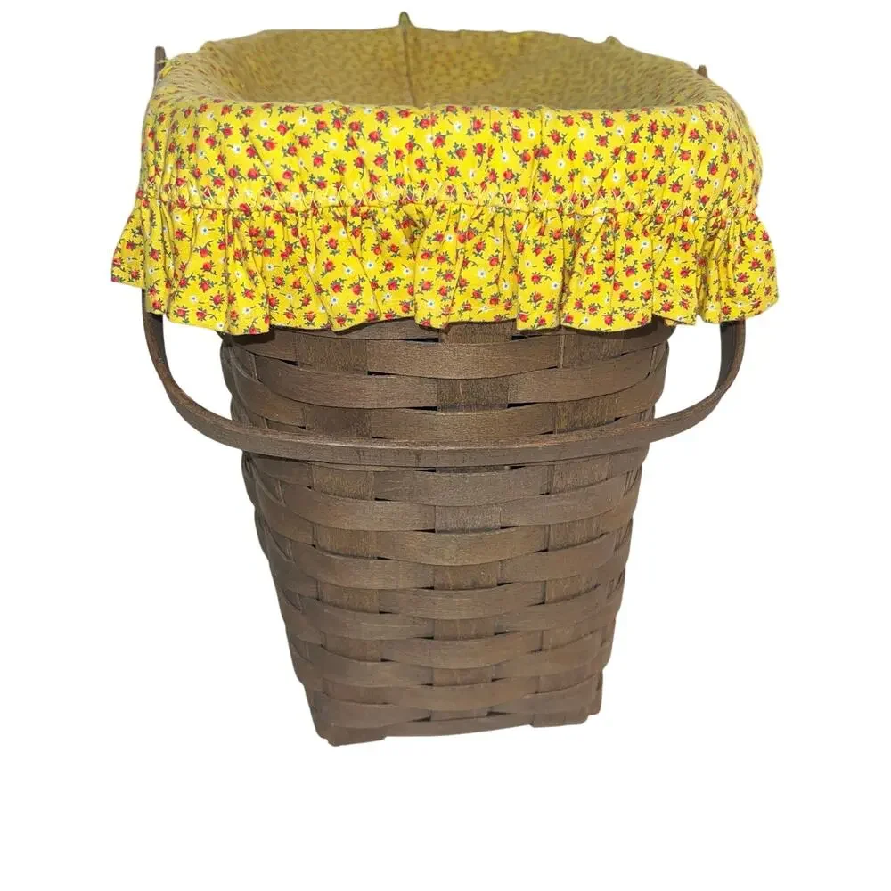 Vintage Woven Wood Picnic Basket Yellow Floral Zip Fabric Cover Cottagecore MCM
